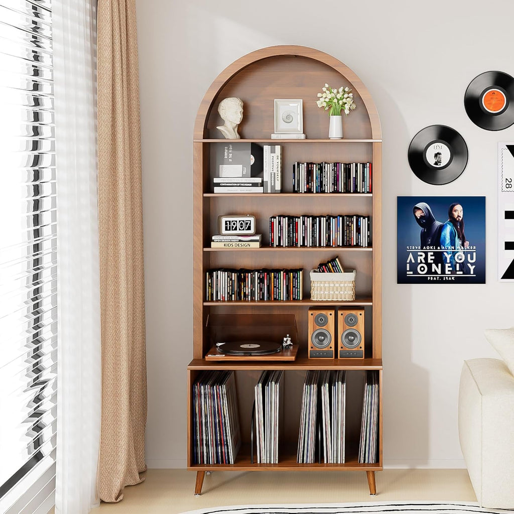 Large Record Player Stand with Vinyl Storage,6-Tier Arched Record Player Table Holds Up 350+ Albums, Turntable Stand with CD/DVD Rack,Vinyl Record Storage for Living Room (Walnut, 31.49''W)