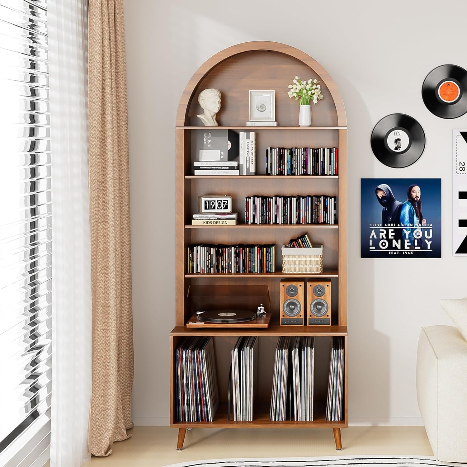 Large Record Player Stand with Vinyl Storage,6-Tier Arched Record Player Table Holds Up 350+ Albums, Turntable Stand with CD/DVD Rack,Vinyl Record Storage for Living Room (Walnut, 31.49''W)