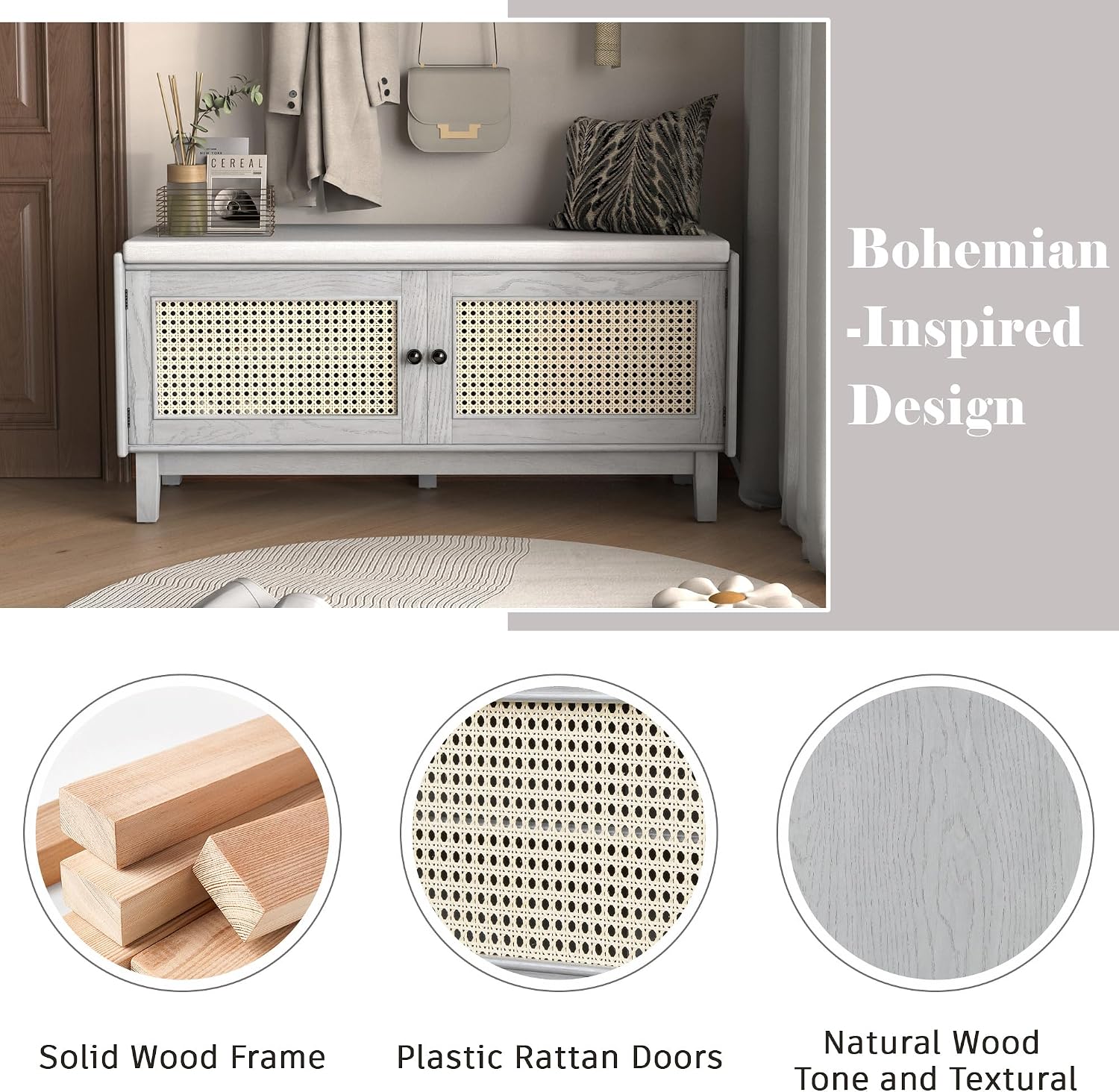 LUMISOL 2-Tier Storage Bench, Rattan Entryway Bench with Storage, Cushioned Shoe Bench with Double Doors for Entryway, Hallway, Grey+Beige