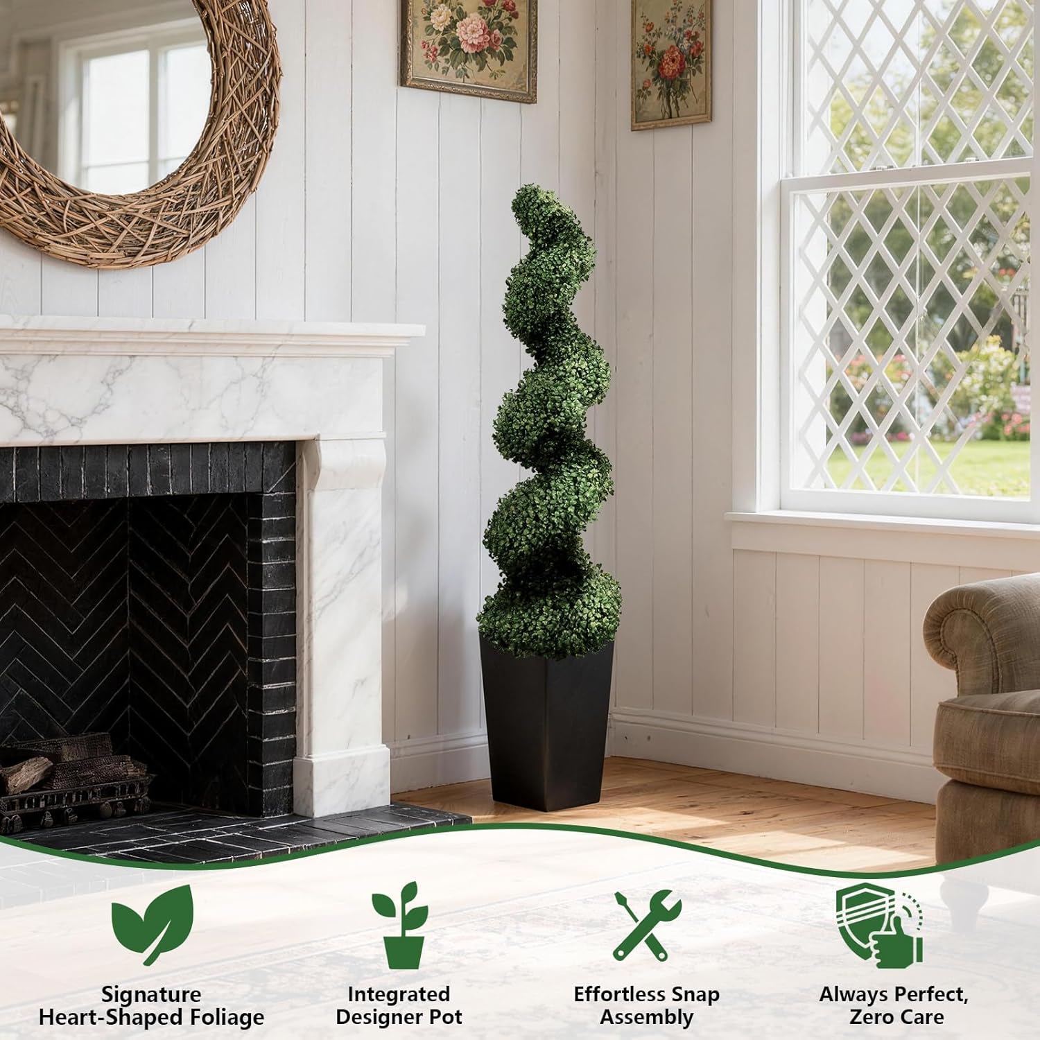 Mavis's Diary 5FT Artificial Spiral Topiary Trees, Set of 2 UV Resistant Faux Boxwood Plants in Square Planter, Indoor Outdoor Fake Shrubs for Front Porch, Entryway, Patio, Home Decor