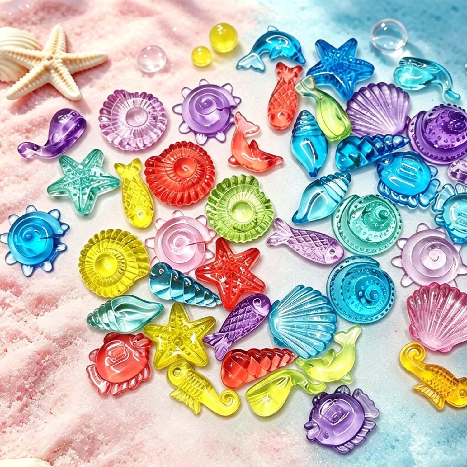 450 PCS Seashells Sensory Bin Filler, Mini Resin Ocean Seashell Animal Figures Diving Gems Vase Fillers for Fish Aquarium Fairy Garden Table Decorations