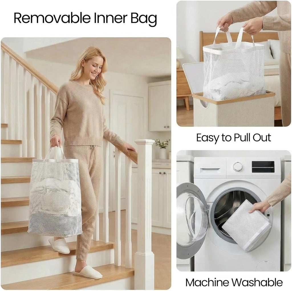efluky Slim Laundry Basket with Lid, Narrow Laundry Hamper with Removable Bag, Skinny Dirty Clothes Basket with Bamboo Handles for Bathroom, Bedroom & Laundry Room, 75L Beige