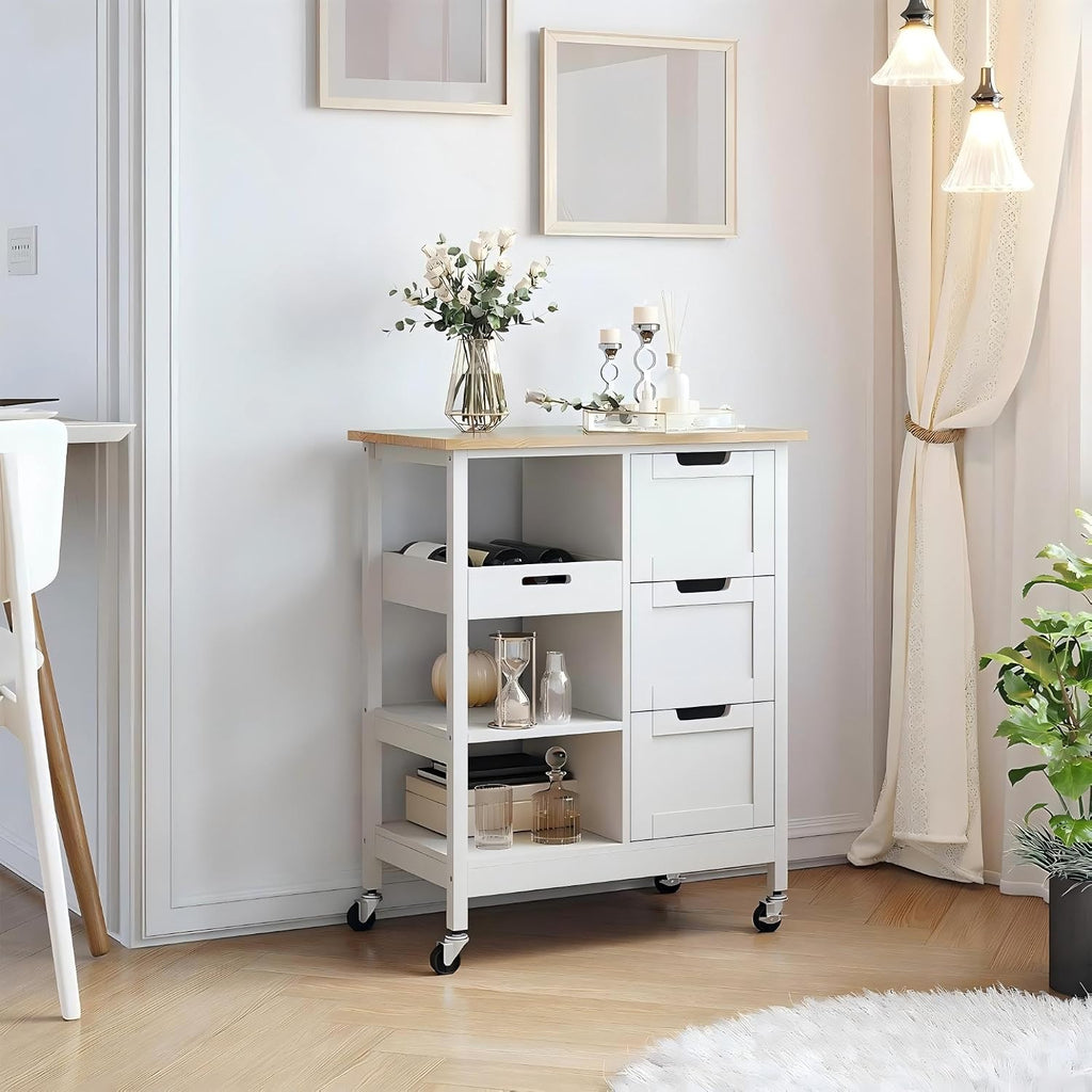 DWVO Solid Wood Top Rolling Kitchen Island Cart, 3 Tier Mobile Kitchen Storage Island Cart with 3 Drawers and 3 Opening Storage Shelves for Kitchen & Dining Area, White
