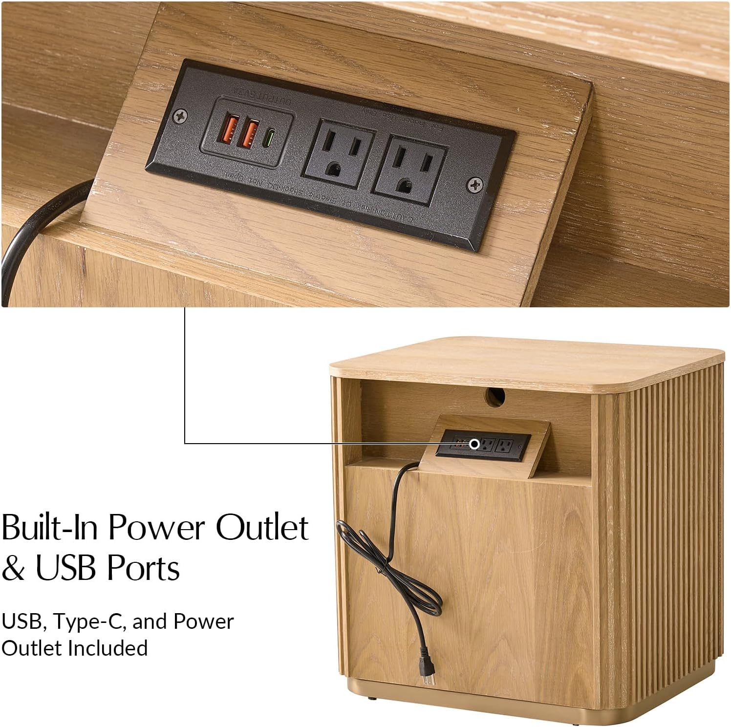 Fluted End Table Set of 2 with 3 Drawers, Solid Wood End Tables with Charging Station, USB Type-C Ports & Metal Base, Modern Beside Tables for Living Room, Natural