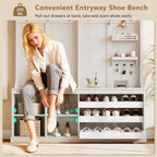 iPormis 70“ Large Hall Tree with Bench and Adjustable Shoe Storage, 6-in-1 Farmhouse Entryway Bench w/Coat Rack, Top Storage, Small Shelves for Entryway, Living Room, Led Lights, White