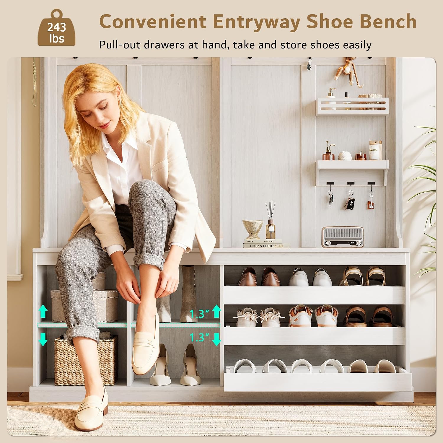 iPormis 70“ Large Hall Tree with Bench and Adjustable Shoe Storage, 6-in-1 Farmhouse Entryway Bench w/Coat Rack, Top Storage, Small Shelves for Entryway, Living Room, Led Lights, White