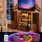 4-Tier AV Media Stand with Power Strips, Heavy Duty Stereo Cabinet Stand with LED Lights, Wooden Record Player Stand with 2 Hooks, Audio Stand Furniture Perfect for DVD Player/Game Console/TV Box/Xbox