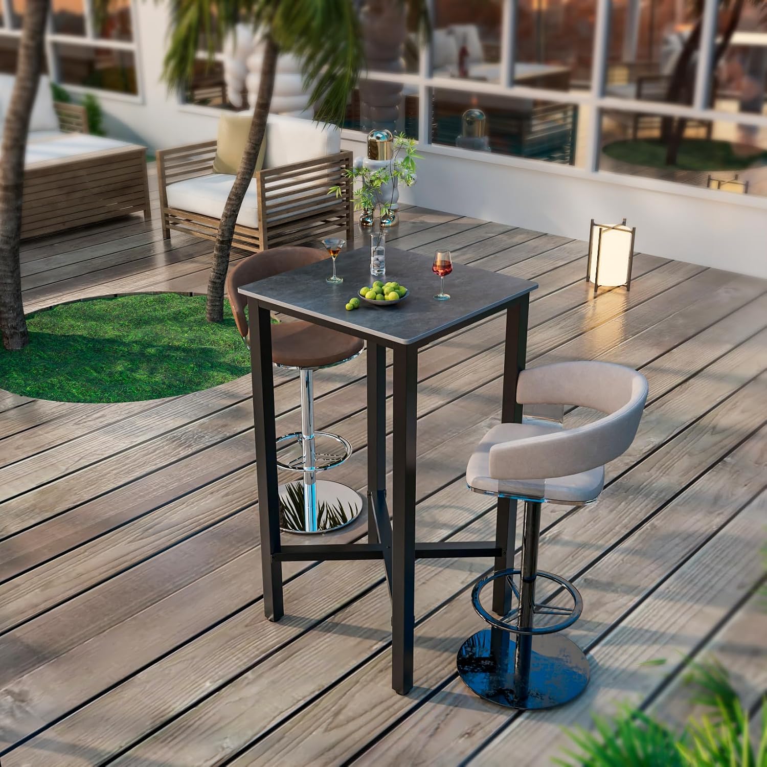 Wisfor Sintered Stone Bar Table: Black Mixed Grey Counter Height Dining Tables with Black Metal Frame - High Top Pub Bartables for Narrow Spaces (Square-Black)