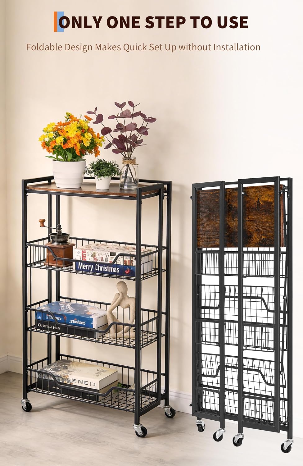 Garvee Large 4-Tier Foldable Storage Cart with Lockable Caster - 100Lbs Loading Capacity, Expandable Kitchen Organizer Storage Island, Heavy Duty Garage Shelving, Easy Foldable No Assembly Required
