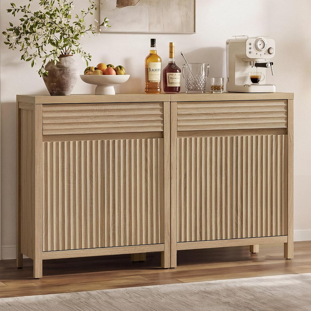 SICOTAS 58" Fluted Buffet Cabinet with Storage, Modern Farmhouse Sideboard with 4 Doors, 2 Drawers & Adjustable Shelves, Sturdy Credenza for Kitchen, Living Room & Entryway, Reclaimed Light Oak