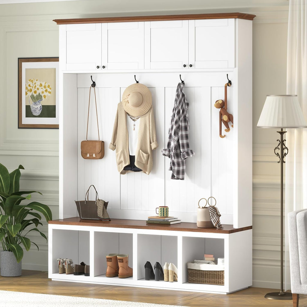 LUMISOL 59''W Hall Tree with Bench and Shoe Storage, Mudroom Bench with 4 Hooks, Open Compartments, 4 Storage Cabinets, Entryway Organizer for Entrance, Hallway, White