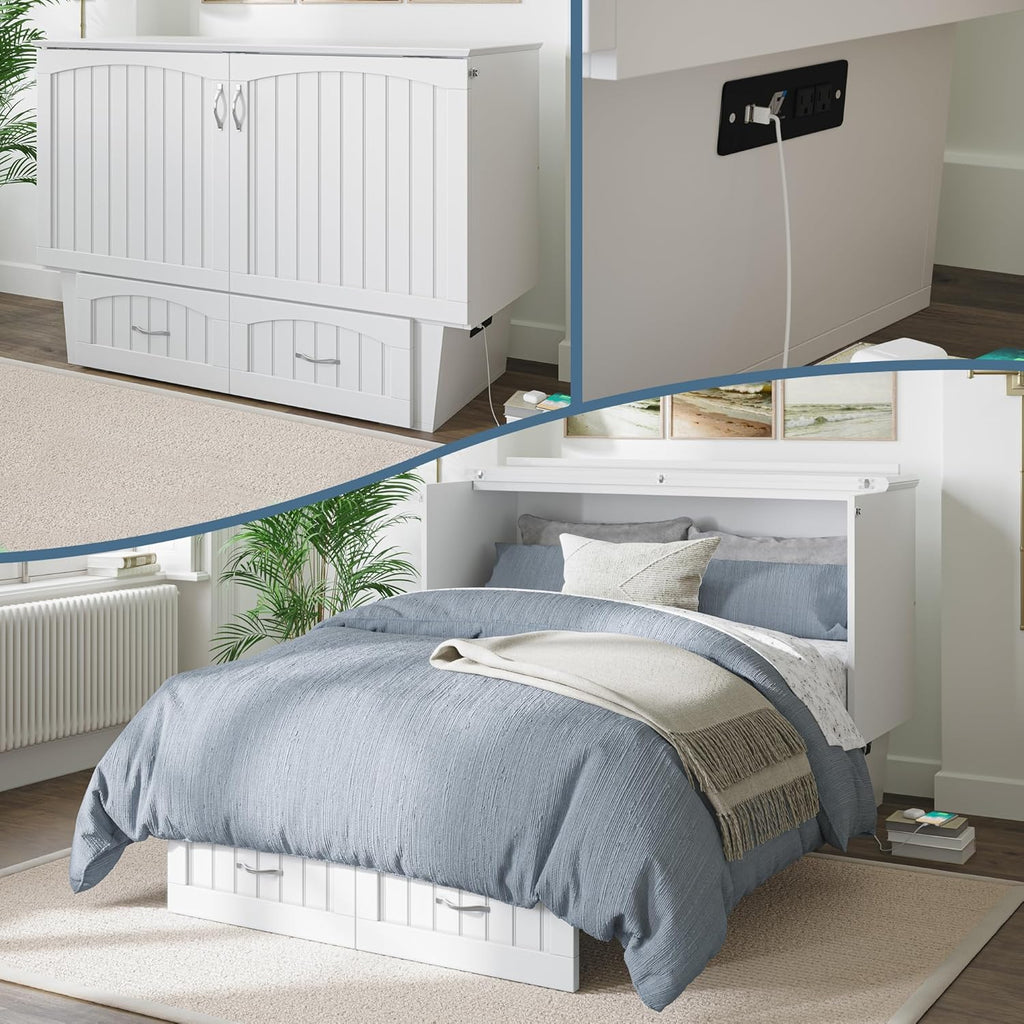 AFI, Nantucket Full Size Murphy Bed Chest with Mattress, Storage Drawer and Built-in USB Charger, White