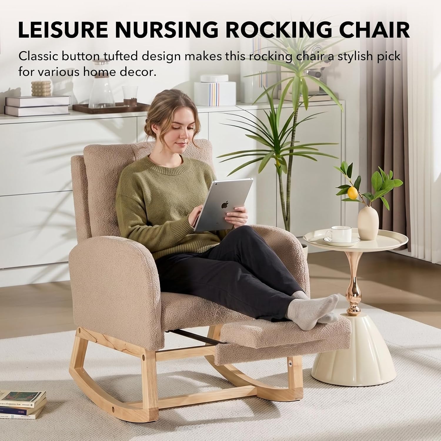Nursery Rocking Chair, Teddy Upholstered Glider Rocker with Adjustable Footrest, Button Tufted Glider Recliner with Side Pocket & High Back, Accent Chair for Living Room (Brown Teddy)