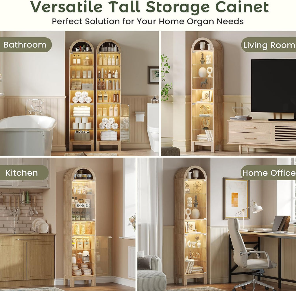 71" H Narrow Arched Display Cabinet with Glass Doors & 8-Tier Shelves, Slim Curio Cabinets with LED Lights for Collectibles/Perfume, Tall Storage Cabinets for Corner, Small Space (Oak)