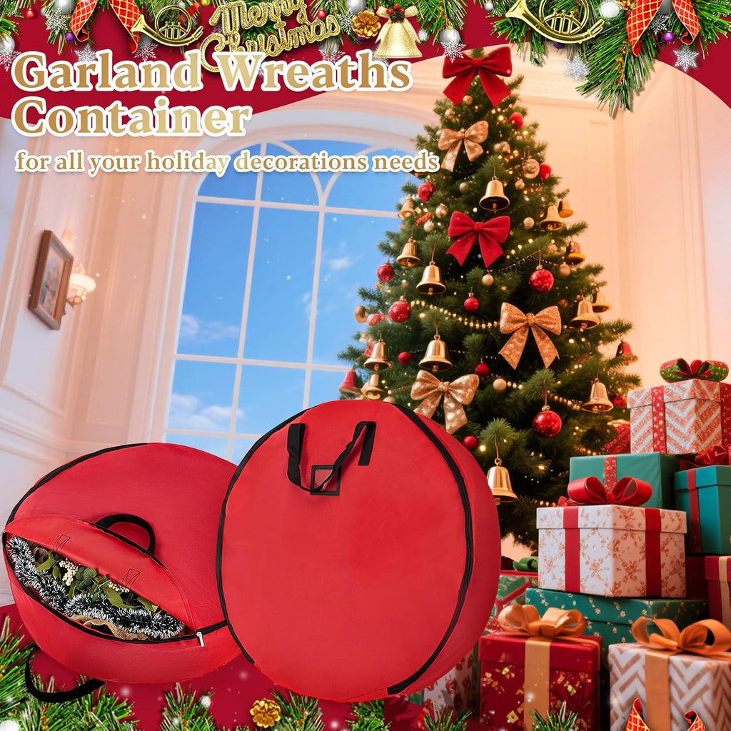 24 Inch RAINFLOW Christmas Wreath Storage Container - Heavy Duty Wreath Storage Bag With Handles Red Thickened Nonwoven Fabric Ideal For Household Organization Halloween Holiday Ornament Storage