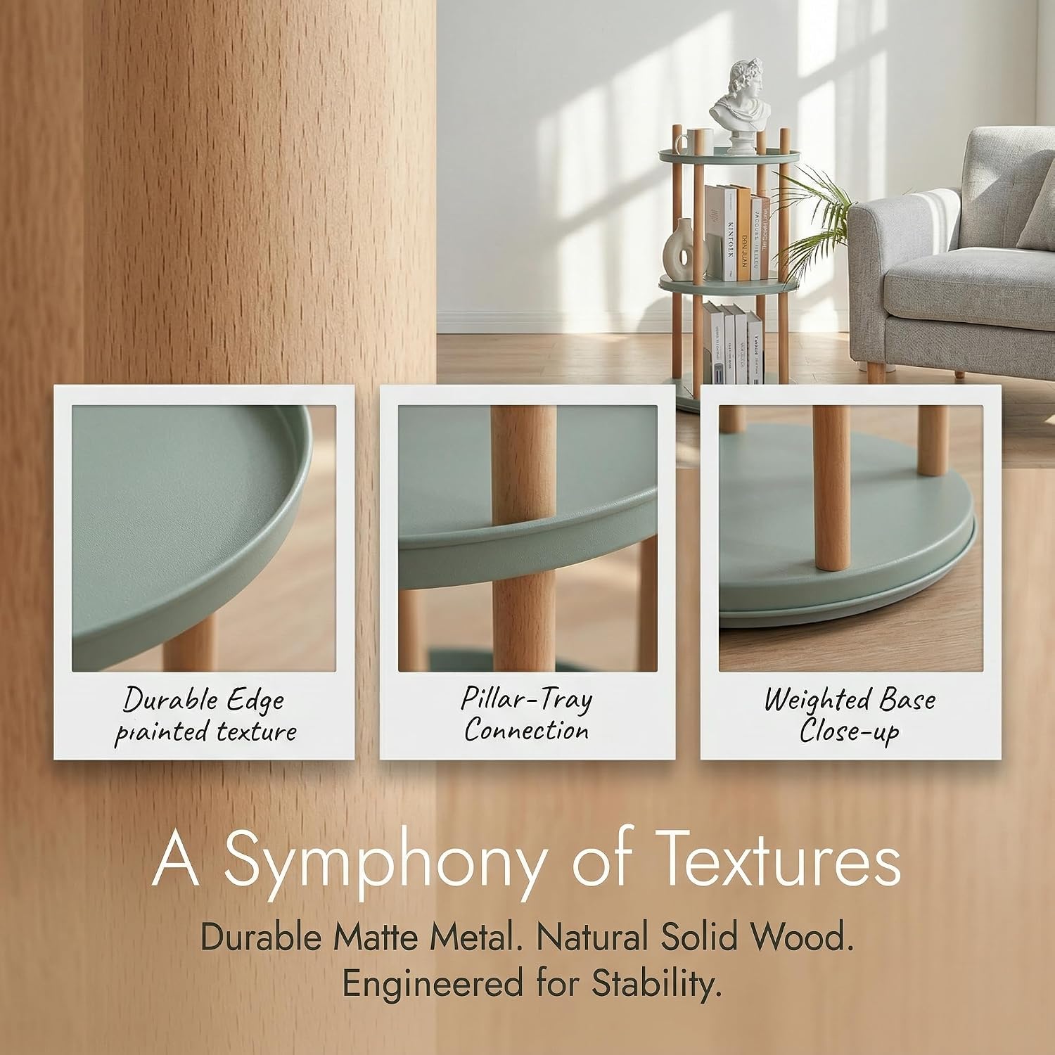 3-Tier Rotating Side Table, Round End Table with Storage Basket & Bookends, Modern Narrow Nightstand for Small Spaces, Living Room, Bedroom, Mint Green & Natural Wood