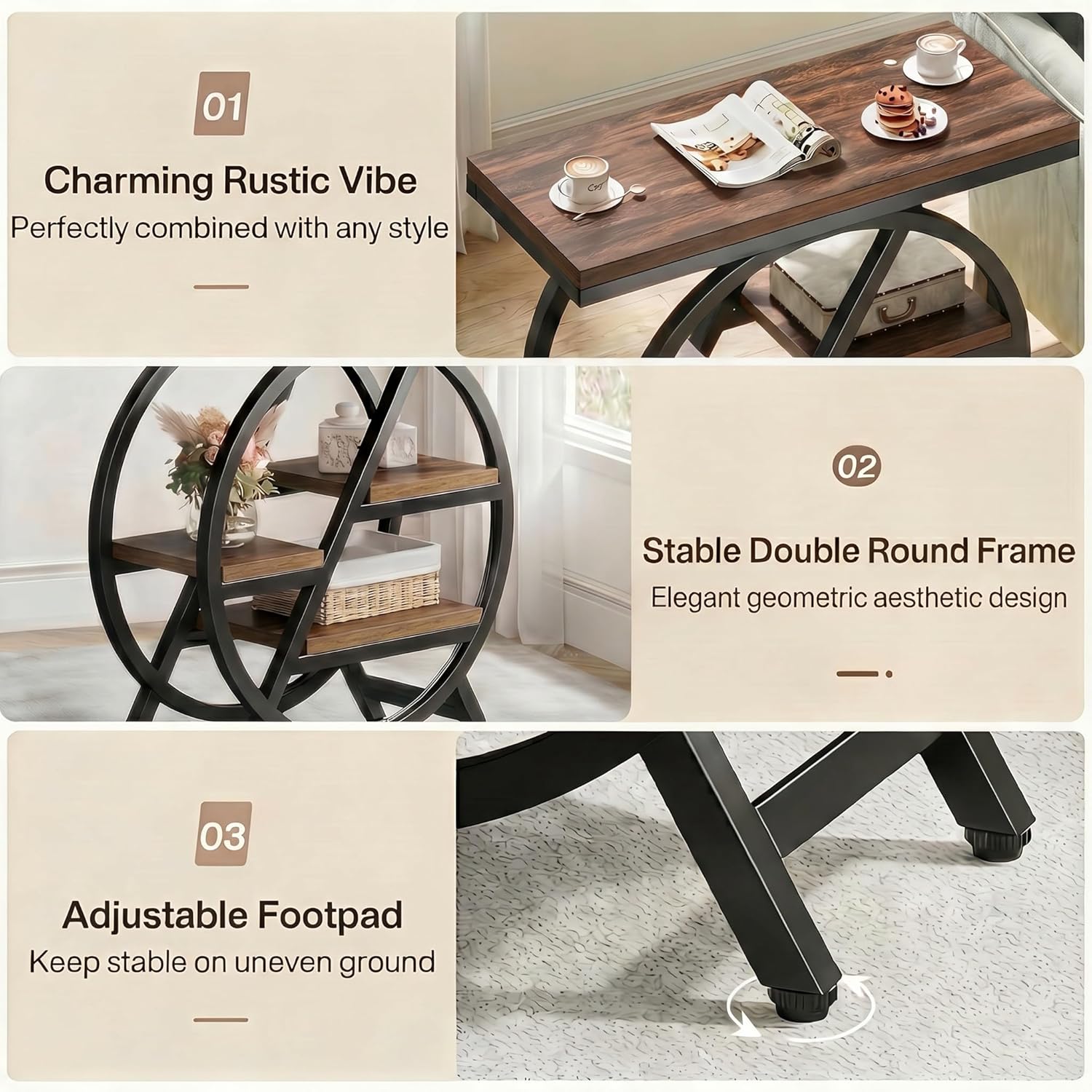 Tribesigns Side Table for Living Room, 4-Tier Narrow End Table with Storage, Industrial Wooden Beside Tables with Geometric Metal Frame, Nightstand for Small Spaces, Bedroom, Rustic Brown