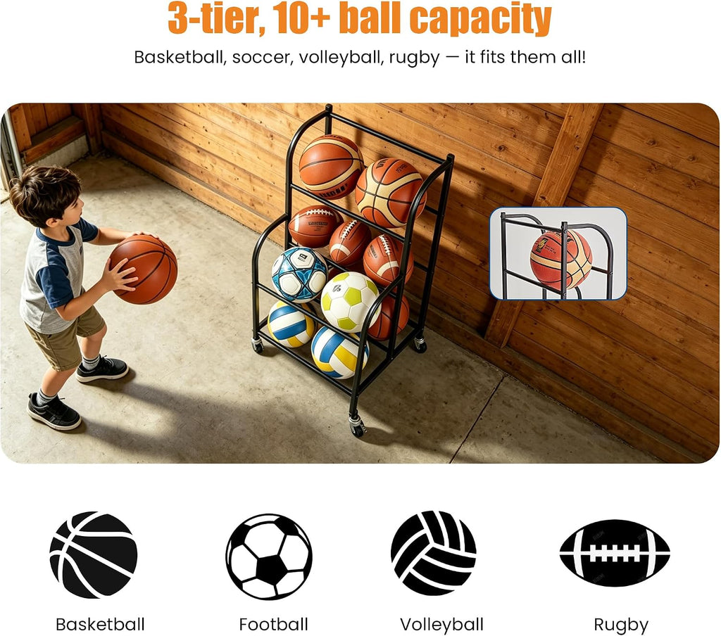 Basketball Rack with Wheels - Space-Saving Vertical Ball Storage for Basketball, Football, Soccer, Rolling Ball Rack for Garage & Outdoor, Heavy-Duty Ball Holder Organizer
