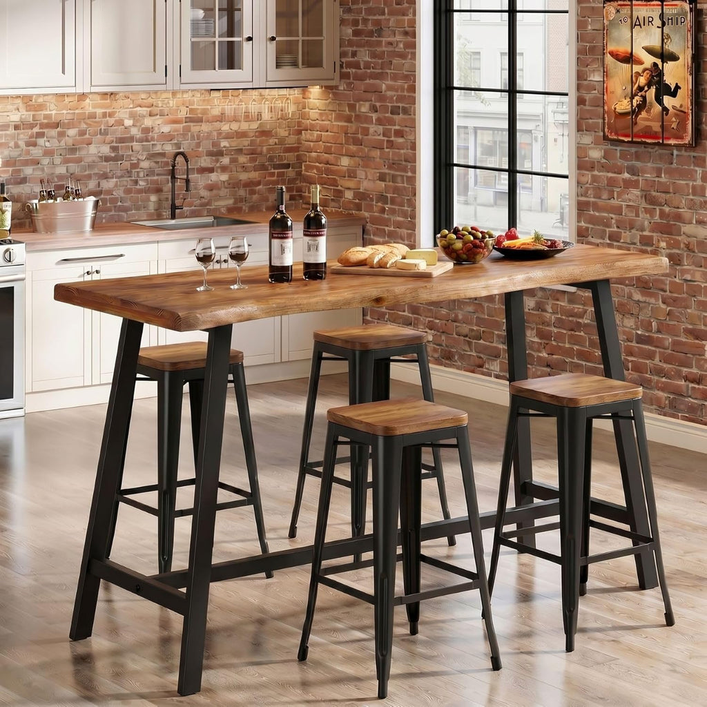 Solid Wood Bar Table, 55-Inch Counter Height Pub Table with Sturdy Metal Frame, Industrial Narrow Bar Table for Pub Kitchen Living Room, Rustic Brown