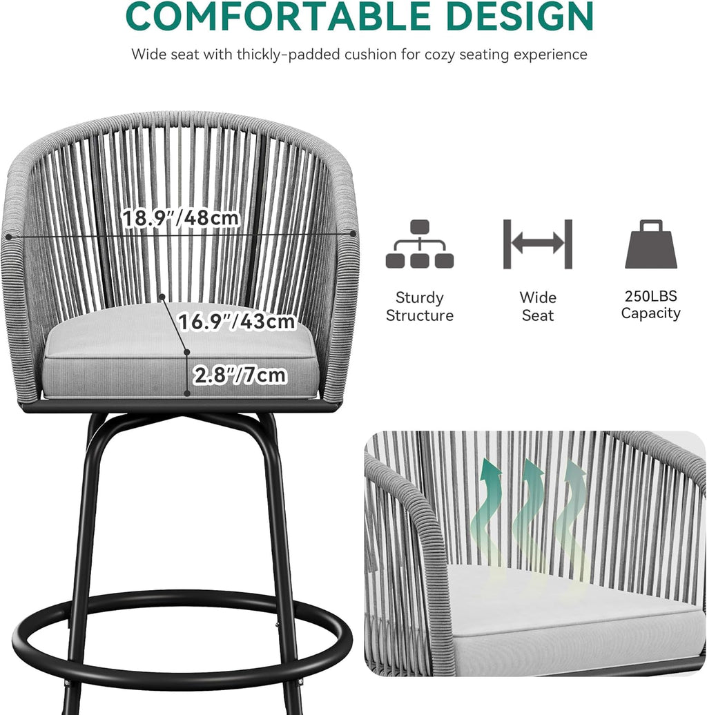 YITAHOME 27" Bar Stools Set of 6 with Arms & Cushions, 360° Swivel Outdoor Bar Stools, All Weather Counter Height Bar Stools Set of 6 with Curved Back for Backyard, Kitchen Island, Dining Room, Gray