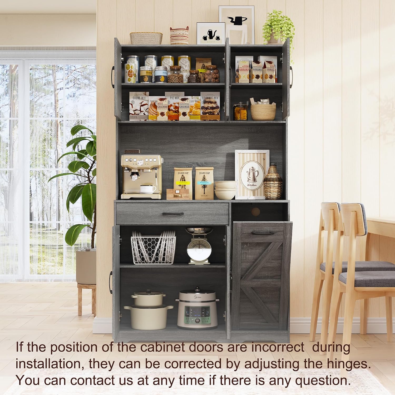 71" H Kitchen Trash Cabinet, 47" Wide Pantry Hutch with Double 12 Gallon Pull Out Trash Bin Holders, Hidden Garbage Storage for Kitchen Dining Room, Gray