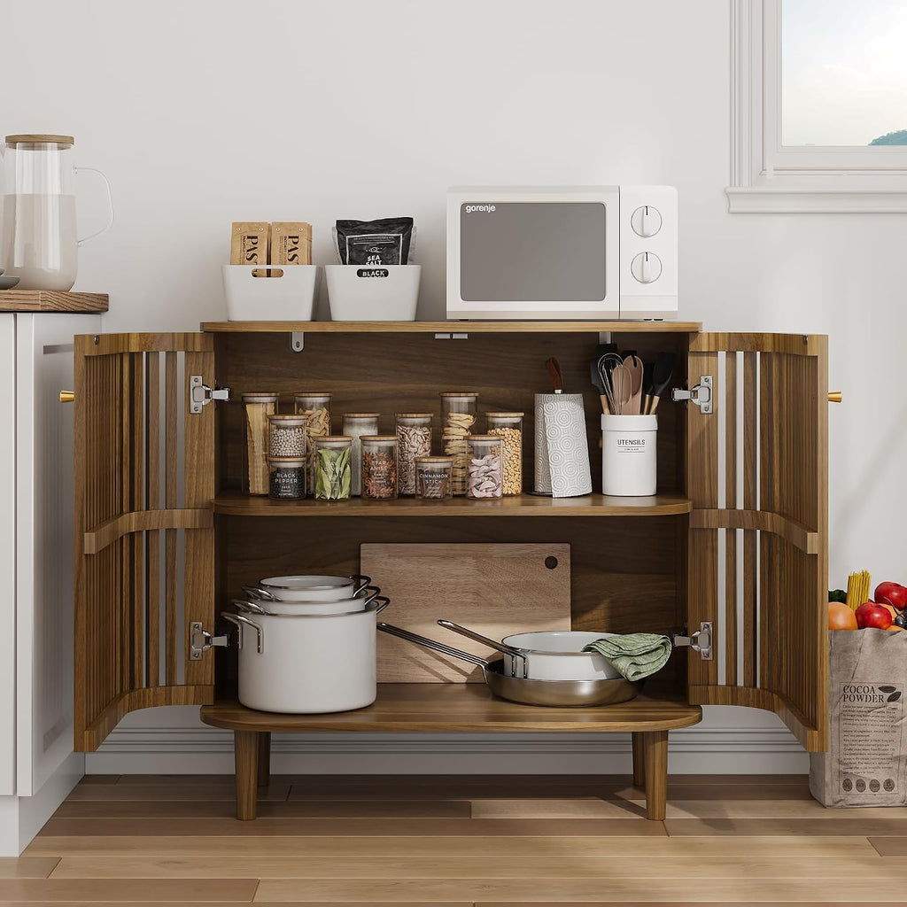 Smuxee Walnut Sideboard Cabinet with Unique Grille Stripe Design, Freestanding Buffet Cabinet with Curved Edge Design, Wood Storage Cabinet for Living Room, Entryway, Hallway