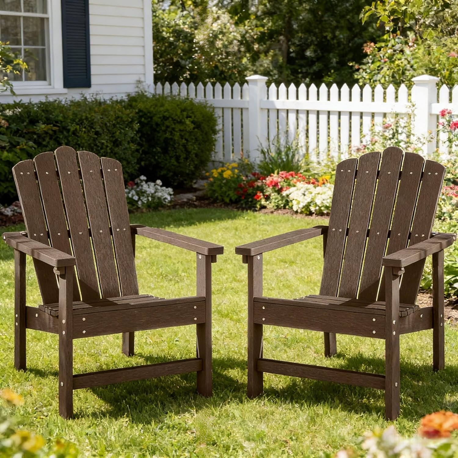 Stackable Adirondack Chairs Set of 2, Weather-Resistant Outdoor Patio Seating, Low Maintenance Poly Lumber Chairs for Porch, Deck, Garden, Fire Pit (Brown)