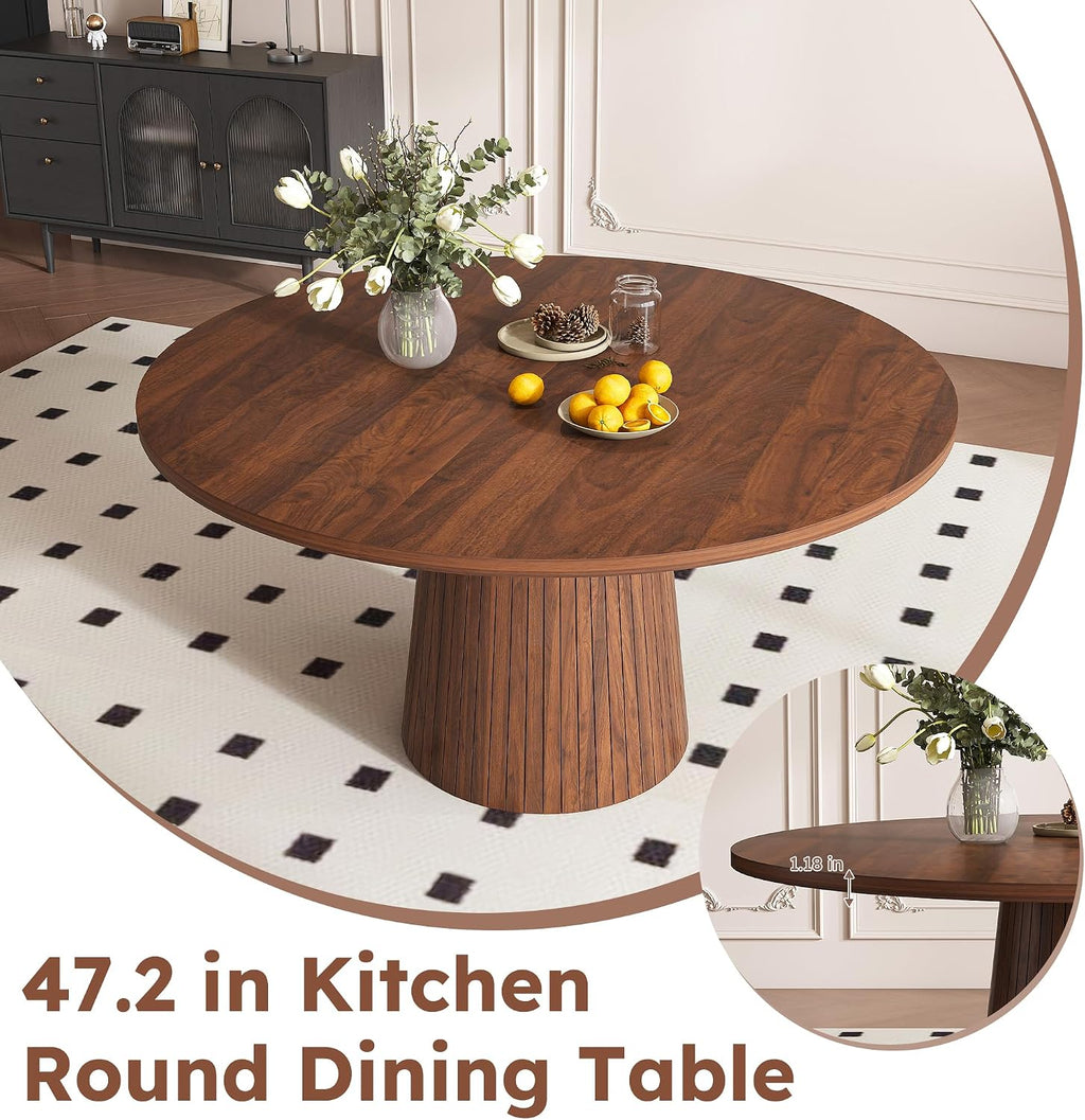 Round Dining Room Table, Farmhouse Kitchen Table with Wood Strip Base, 47.2“ Circle Table with Walnut Veneer Finish, Easy Assembly