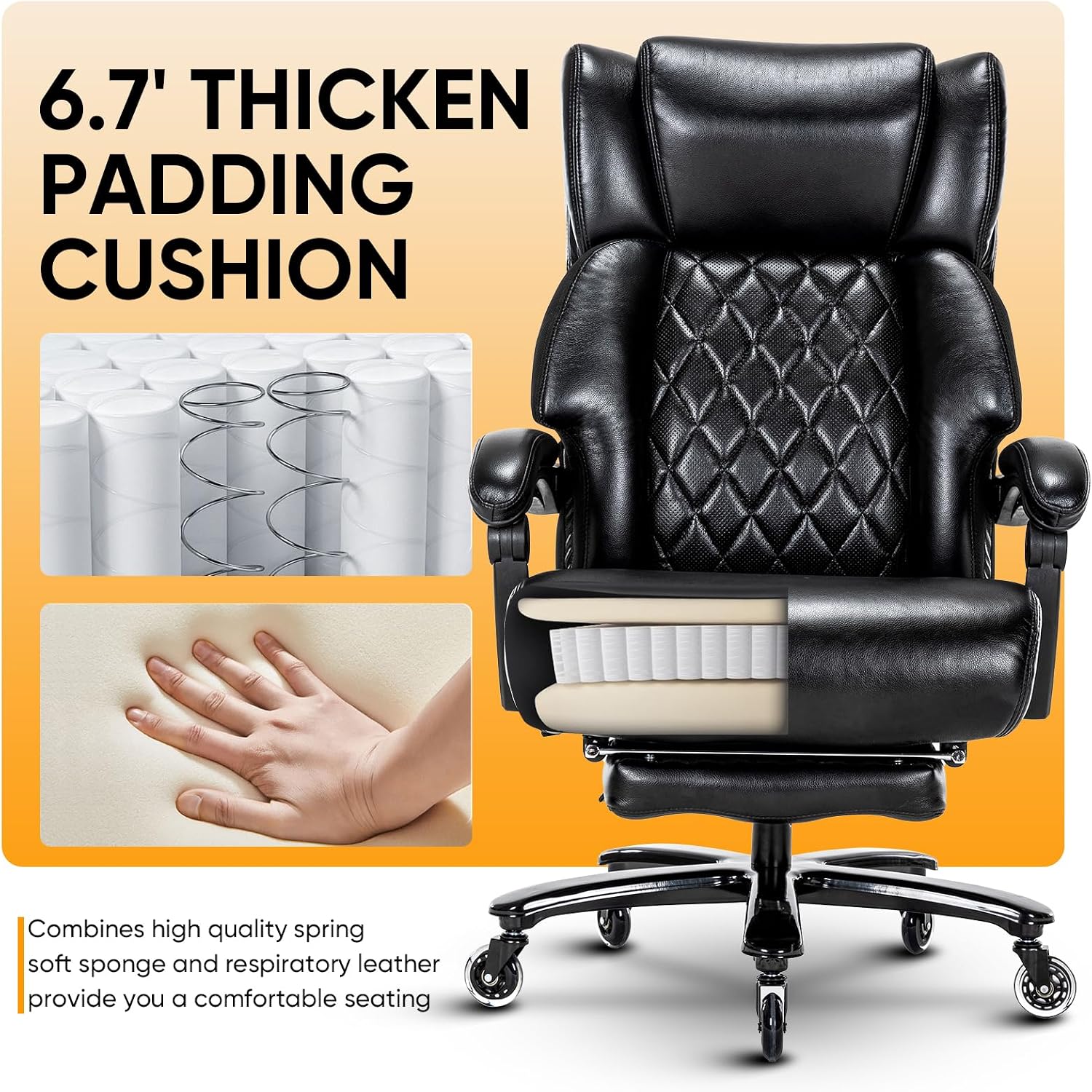 Big and Tall Executive Office Chair 500lbs Heavy Duty PU Leather Desk Chair, Adjustable Height 90°-155° Reclining High Back Computer Chair with Pull Out Footrest & Silent PU Casters for Home Office