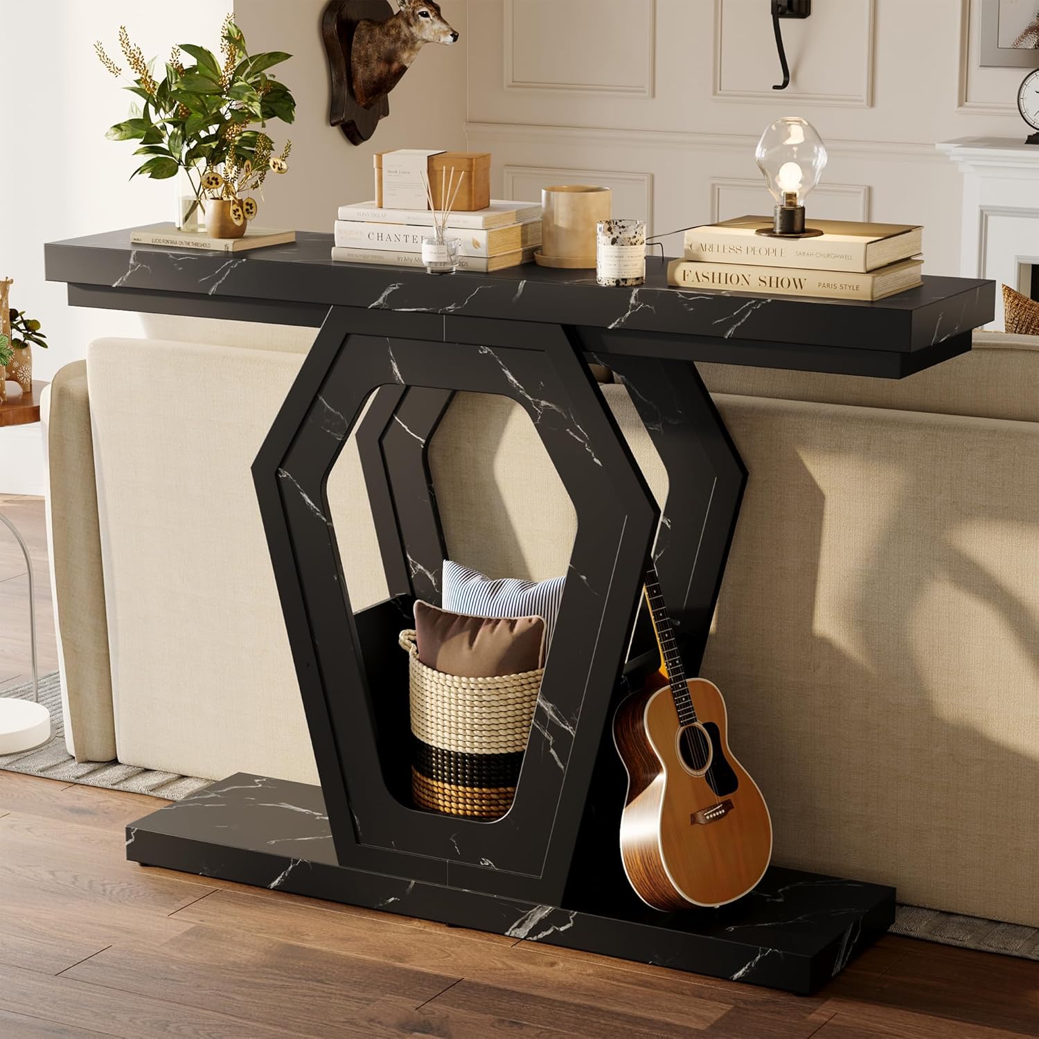 FUSUNBAO 47.3" Console Table,Openwork Bracket Sofa Table, Wood Narrow Entryway Table for Hallway, Behind The Couch, Living Room, Foyer, Easy Assembly (Black Marble Texture)