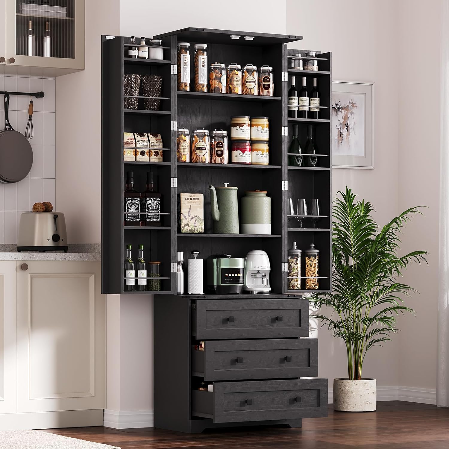 72" Farmhouse Pantry Cabinet, Large Wood Kitchen Storage Cabinet with 2 Sliding Barn Doors & 3 Drawers, Adjustable Shelves, Particle Board for Dining Room, Bathroom, Living Room (Black)