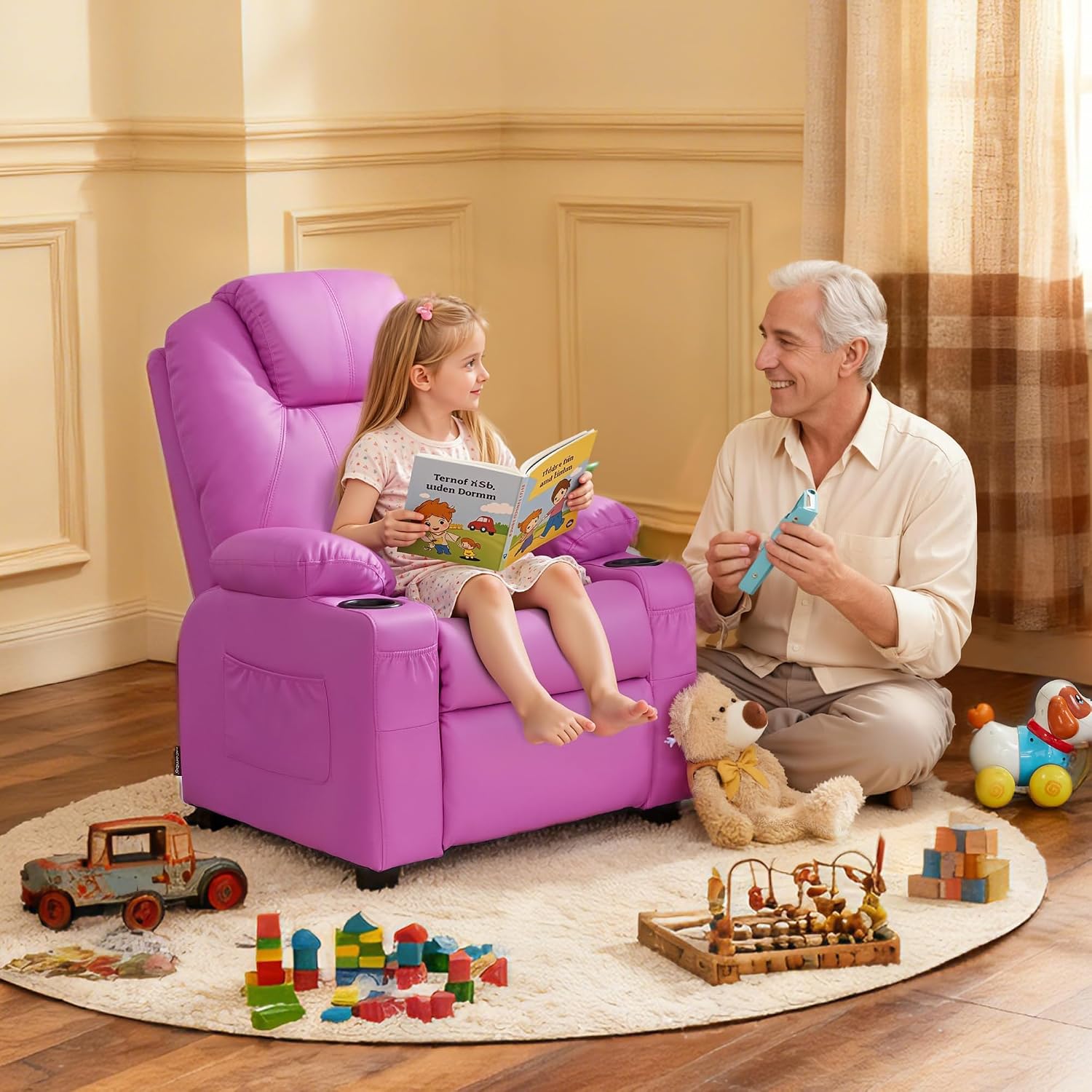 MCombo Big Kids Recliner for Ages 3+, Child Reclining Chair, Toddlers Recliner Sofa with Cup Holders (Faux Leather, Pink)