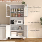 Kitchen Pantry Cabinet with Acrylic Glass Doors, 75" Freestanding Food Pantry with Countertop, Adjustable Shelves, Metal Cabinet for Living, Dining Room, White, Assembly Required