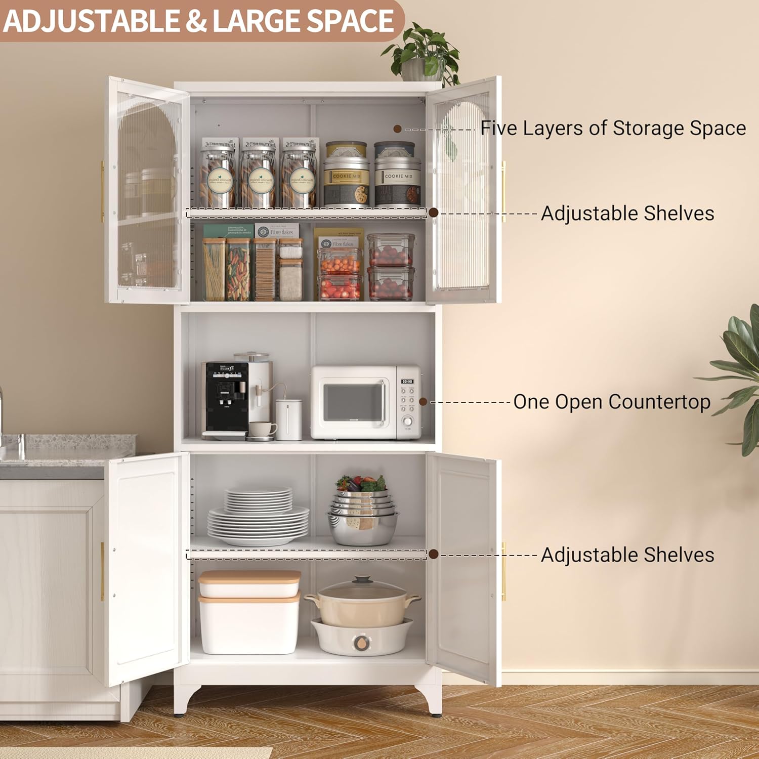 Kitchen Pantry Cabinet with Acrylic Glass Doors, 75" Freestanding Food Pantry with Countertop, Adjustable Shelves, Metal Cabinet for Living, Dining Room, White, Assembly Required
