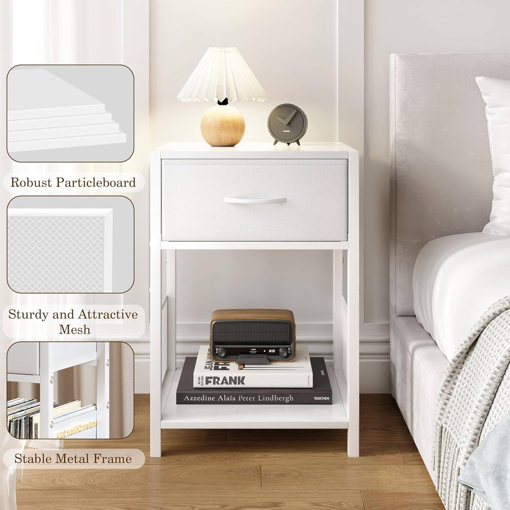 YAUKOMEL Nightstand Set of 2,End Table with Fabric Drawer,Side Table Set of 2,Storage Shelf,Bedside Table with Open Shelf,Sofa Table for Living Room,Bedroom,Small Space White CTG70W-2