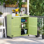 Outdoor Storage Cabinet & Potting Bench Table with Metal Work Top, Vented Louvered Doors, Wooden Patio Furniture, Garden Workstation, Green, 36x31x17in