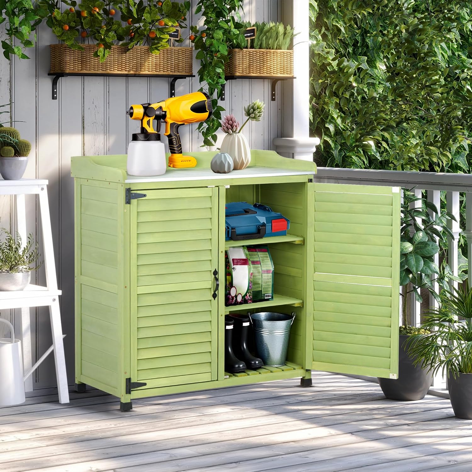 Outdoor Storage Cabinet & Potting Bench Table with Metal Work Top, Vented Louvered Doors, Wooden Patio Furniture, Garden Workstation, Green, 36x31x17in