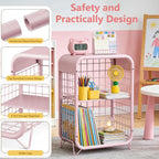 End Table with Storage, 3-Tier Small Side Table for Bedroom & Living Room, Metal Nightstand for Girls Room, Narrow Bedside Table, Modern Living Room Decor Furniture, Pink