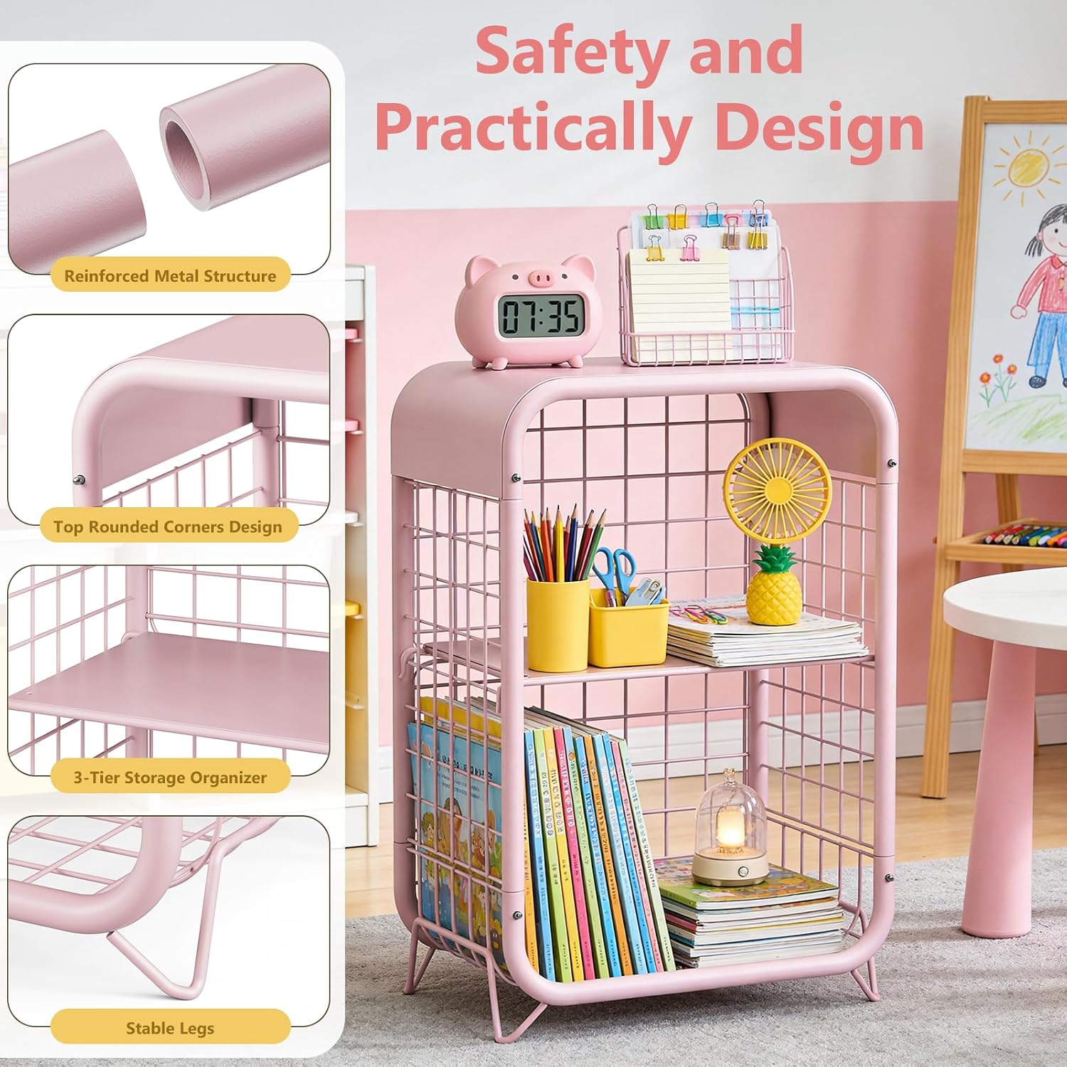 3-Tier Pink Metal Side Table, Small End Table for Small Spaces, Narrow Nightstand with Storage Shelves, Child's Room Bedside Table, Multi-Functional Metal Furniture for Office, Living Room