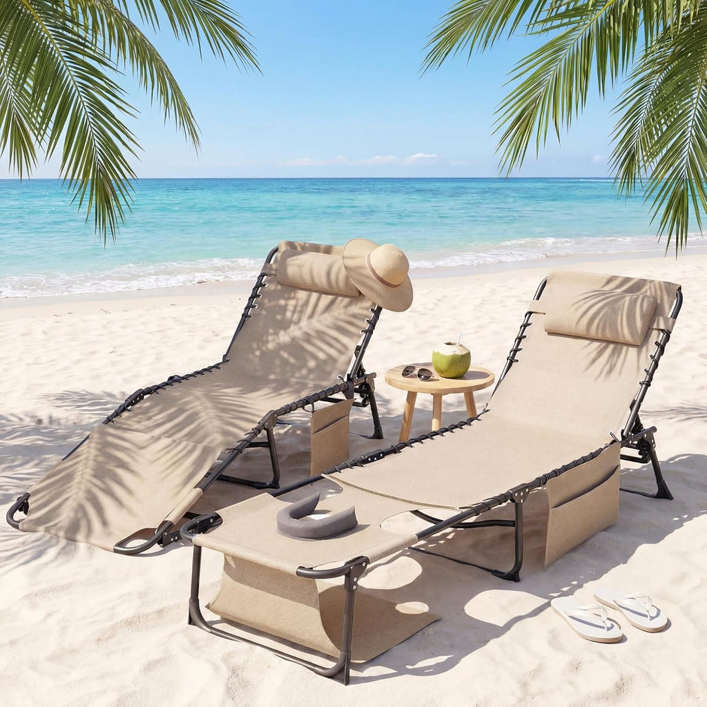 Flamaker Oversize Face Down Chaise Lounge Chair, 27 Inch Wide Foldable Outdoor Patio Chair, 5-Position Adjustable Tanning Chair with Face& Arm Holes for Sunbathing, Pool, Beach, Lawn (Beige, 1 Pcs)