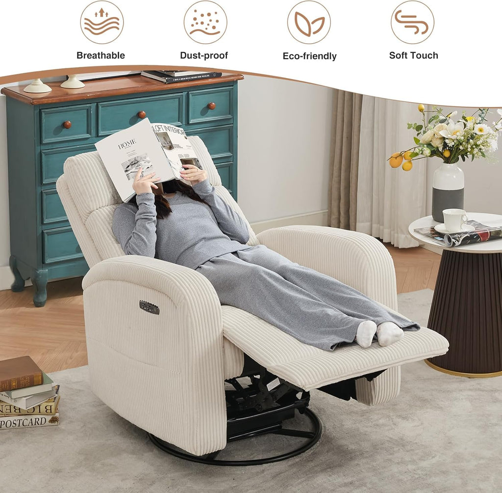 Power Swivel Rocker Recliner, Upholstered Glider Recliner Nursery Chair with Type-C & USB Port, Swivel Rocking Nursery Recliners with Double Pockets for Living Room Bedroom, Corduroy Cream White