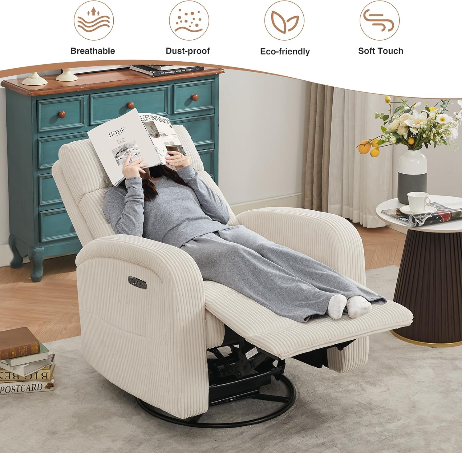 Power Swivel Rocker Recliner, Upholstered Glider Recliner Nursery Chair with Type-C & USB Port, Swivel Rocking Nursery Recliners with Double Pockets for Living Room Bedroom, Corduroy Cream White