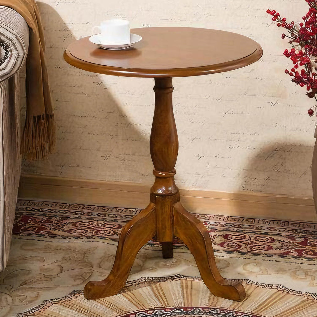 YUNMUARY-Vintage Walnut Solid Wood Pedestal End Table,20 Inches Wide Small Coffee Tables Living Room,Circle Nightstand,Accent Table for Sofa,Bedroom,Corners,and Dining Room.