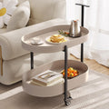Oval End Table with Storage Shelves, 2-Tier PU Leather Tray Side Table with Wheels, Modern Sofa Table & Nightstand for Bedroom, Living Room, Compact Rolling Tray Table with Lockable Casters