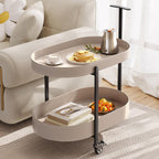 Oval End Table with Storage Shelves, 2-Tier PU Leather Tray Side Table with Wheels, Modern Sofa Table & Nightstand for Bedroom, Living Room, Compact Rolling Tray Table with Lockable Casters