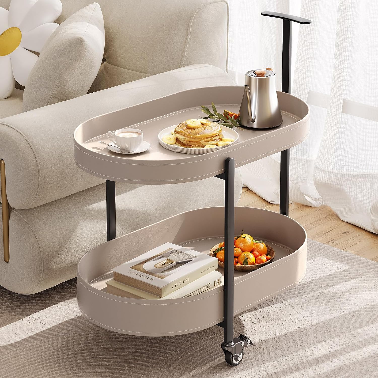 Oval End Table with Storage Shelves, 2-Tier PU Leather Tray Side Table with Wheels, Modern Sofa Table & Nightstand for Bedroom, Living Room, Compact Rolling Tray Table with Lockable Casters