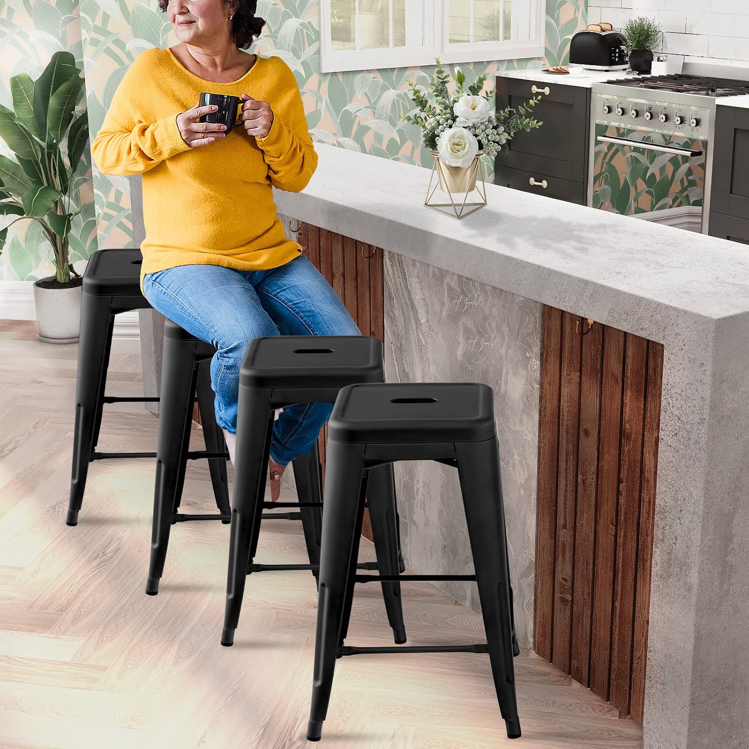 COSTWAY Bar Stools Set of 4, 24” Stackable Metal Stools with Square Seat & Handing Hole, X-Shaped Reinforced Design, Backless Bar Chairs for Kitchen, Dining Room, Pub (Black, 24‘’)
