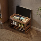 AQIMUELE Shoe Rack Bench,2 Tiers Shoe Bench with Storage with Flip-Top,Wood Shoe Rack for Entryway,Hallway（Walnut Upholstered Seat,11.8" D x 23.62" W x 15.7" H）
