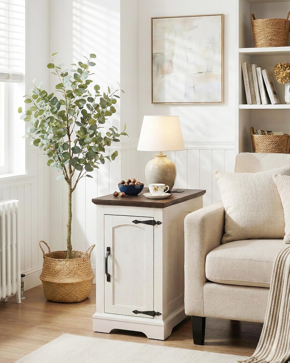 Farmhouse End Table with Charging Station, Narrow Side Table for Living Room, Rustic Wood Sofa Side Table with Storage Cabinet,Small Nightstand for Bedroom Home Office (White)