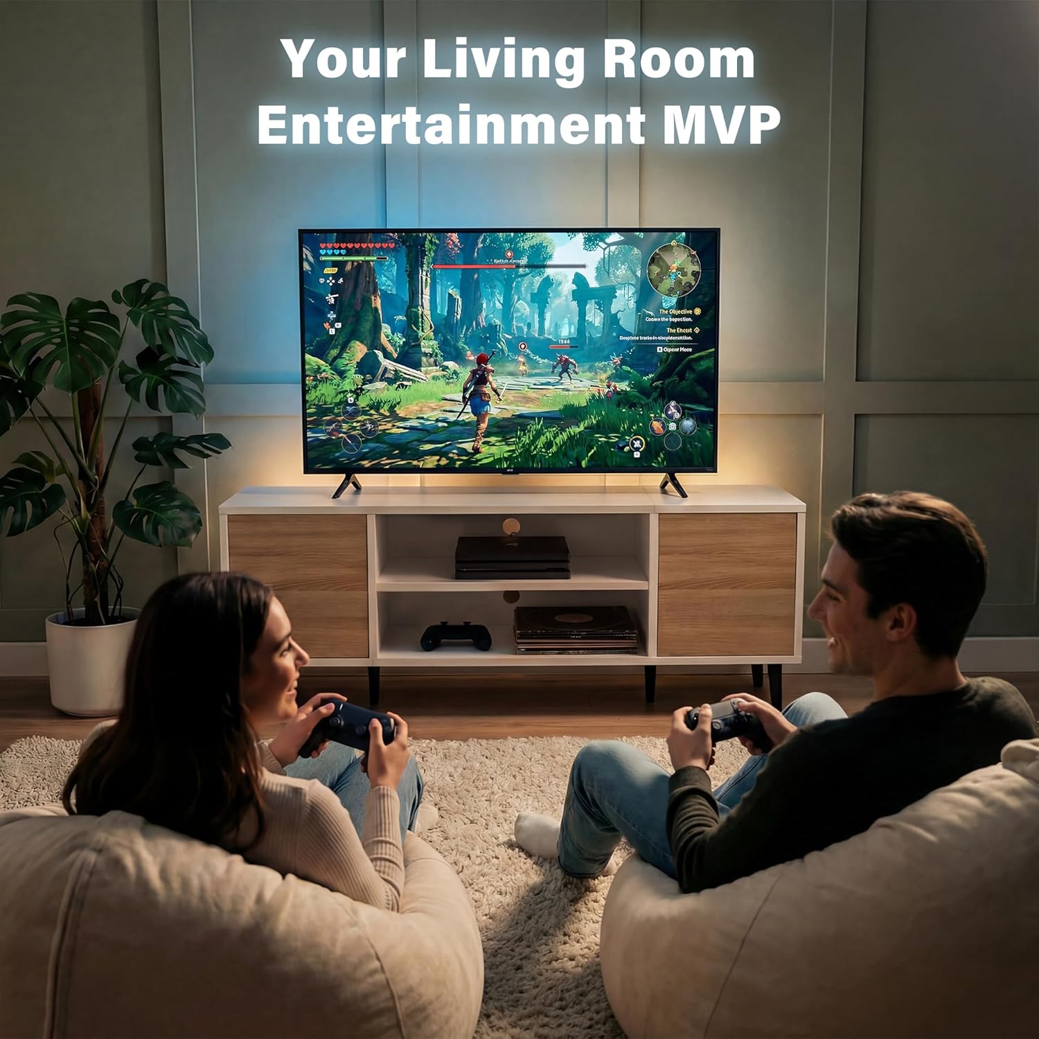 YESHOMY Mid-Century Modern TV Stand for 43-55 Inch TVs, 50 Inch Entertainment Center with Storage, Media Console with Push-to-Open Doors and Cable Management for Living Room, Bedroom (White and Beige)